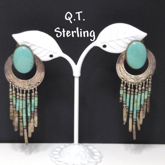 Sterling Jewelry - Vintage Q.T. Sterling Silver Earrings, Dangling Beads, 1980s Vintage Jewelry